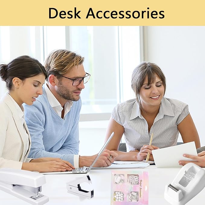 suniya Office Supplies,Desk Accessories,Tape Holder,Stapler,Scissor,Staple Remover,Box of Binder Clips,Staples,Ballpoint Pen,Sticky Notes,Clear Tape,Ruler,Office Supplies Set(White)