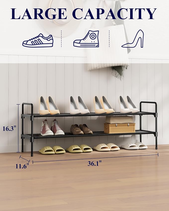 Kitsure Shoe Rack for Closet, Shoe Organizer for Front Door Entrance, Stackable Shoe Shelf, Detachable Closet Organizers and Storage, 36.1" Wide - 2 Tiers, Black | Closet, Front Door Entrance, Entryway, Stackable & Detachable Shelf, Closet Organizers a...