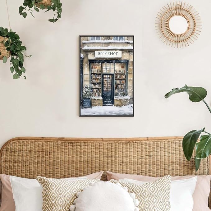 Winter Snowy Bookshop Art Aesthetic Poster Canvas Wall Art Decoration Living Room Home Decor Bedroom Decoration Poster black framed20x30inch