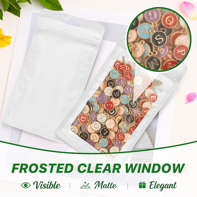 ANZNKU 100 PCS Resealable Mylar Bags with Frosted Clear Window Bags Packaging Bag Foil Pouch Zipper Bag for Food Self Sealing Storage Supplies (3.14x5.11, White)