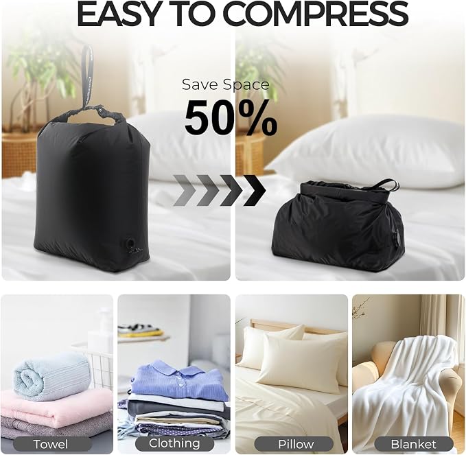 Travel Compression Laundry Bag, Pump-Free Vacuum Space Saver Bag for Dirty Clothes, Reusable Waterproof Wet Dry Bag, Travel Laundry Bag for Luggage, Packing, Suitcase (1 Pcs)（Black, M)