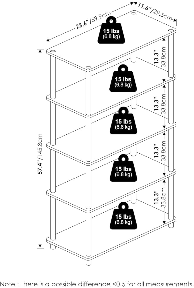 Furinno TURN-N-TUBE Storage Shelves, 5-Tier Book Shelf, Corner Shelf, Toolless Open Shelves, for Organization and Storage, Living Room, Garage, Home Office, Pink