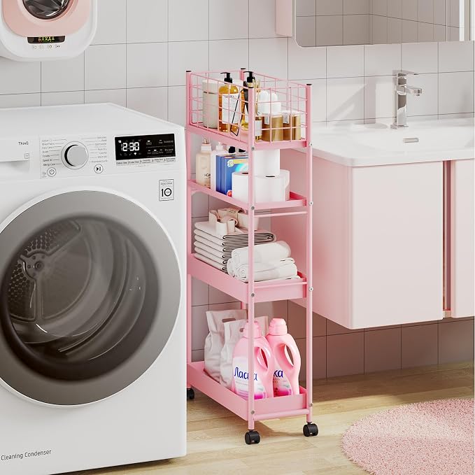 KINGRACK Slim Rolling Storage Cart 4 Tier - Heavy Duty Metal Utility Cart with Raised Edge & Wheels, Narrow Mobile Organizer Shelves for Bathroom, Kitchen, Laundry, Office, Living Room, Pink