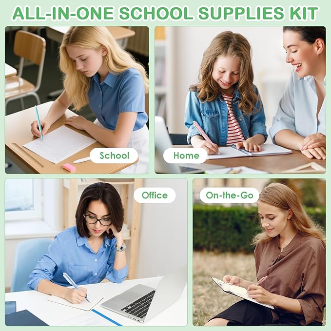 54 PCS Aesthetic School Supplies, Stationery Essentials Set with Large Pen Case, Mechanical Pencils & Gel Pens with Refills, Markers, Erasers, Highlighters, Sticky Notes, Correction Tapes (Green)