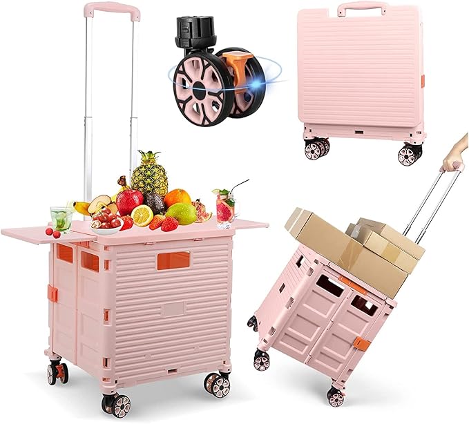 FELICON SELORSS Folding Utility Cart Portable Rolling Crate Handcart with Magnetic Sliding Lid Telescoping Handle Plastic Box Dolly 360°Swivel Wheels for Travel Shop Move Office Teacher Use(Pink Pro)