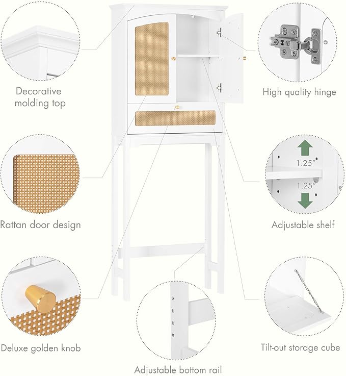 Spirich Over the Toilet Storage Cabinet with Arched Rattan Doors, White | Tilt-Out Storage Cube, Adjustable Shelf, 33-Inch Clearance, Anti-Tip Bracket, Freestanding Bathroom Organizer for Toiletries