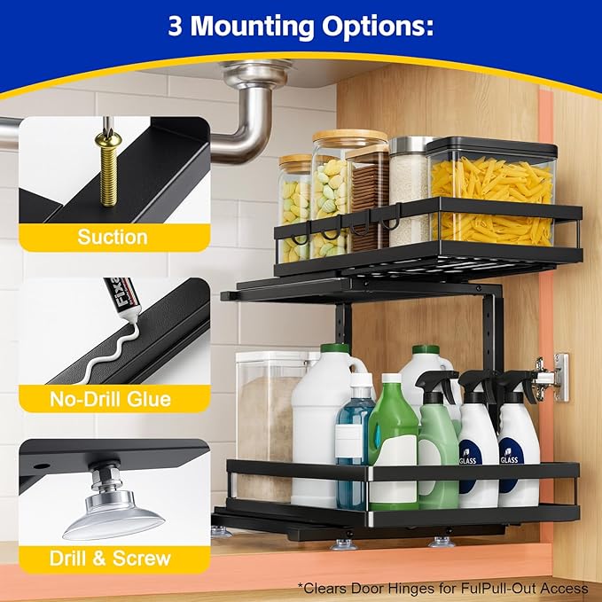 Under Sink Organizer, Dual-Rail Ball-Bearing, Under Kitchen Sink Organizer, 6-Level Adjustable, Under Cabinet Organizer, No-Drill Adhesive/Suction, Under Sink Storage (Black, Double Layer - 2 Pack)