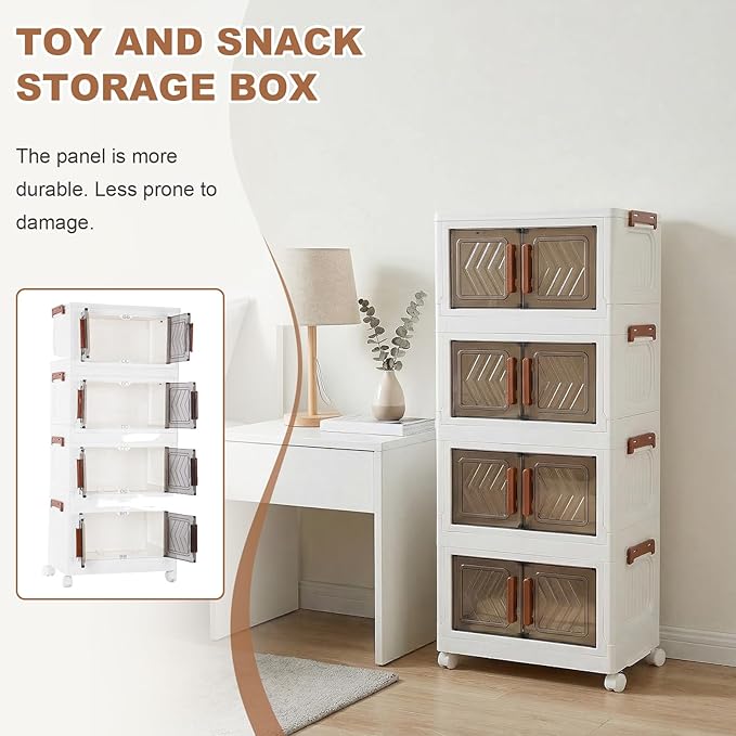 4 Tier Storage Bins with Lids, Stackable Storage Bins with Wheels and Door, Storage Cabinet Organizers for Home Foldable Containers (Transparent Door)