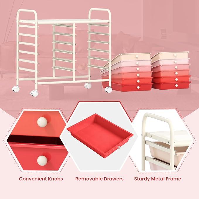 GOFLAME 12-Drawer Rolling Storage Cart, Multifunctional Art Craft Organizer Cart, Mobile Utility Storage Cart with Removable Drawers & Lockable Wheels, Craft Cart for Home Office School, Pink Gradient