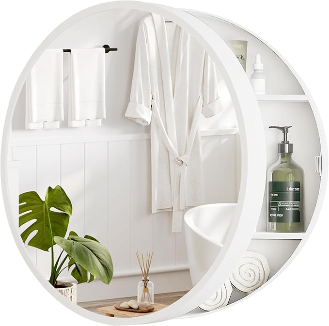 20'' Round Medicine Cabinet with Mirror, Modern Bathroom Vanity Mirror Cabinet with Storage Shelf, Circular Wall Mount Mirrored Cabinet, Farmhouse Medicine Cabinet for Home, Bathroom(White)