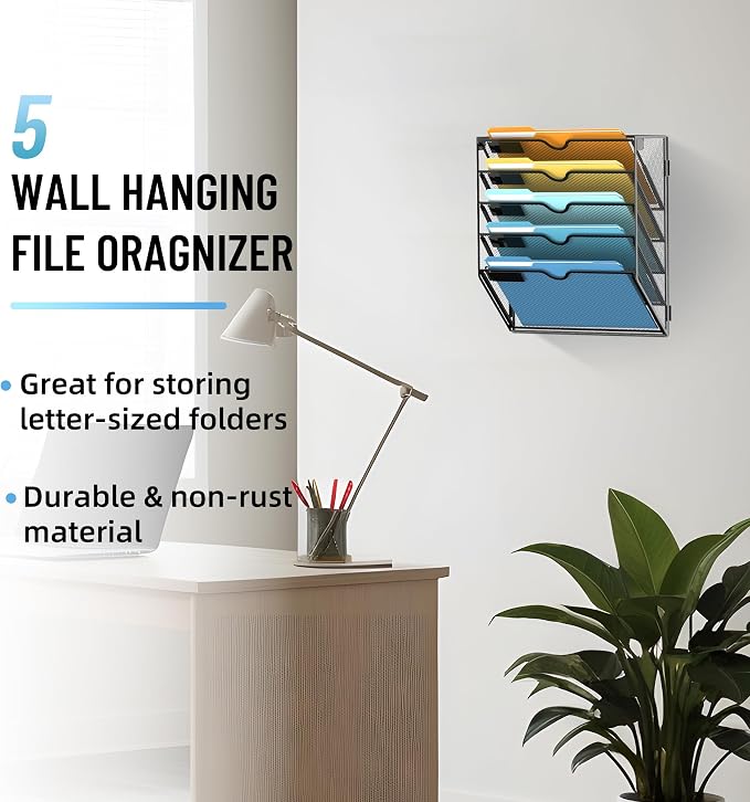 SUPEASY 5-Tier Wall File Holder Organizer with Hooks, Mesh Hanging File Organizer, Mail Organizer Wall Mounted for Papers, Folders, Office Magazine Rack, Black