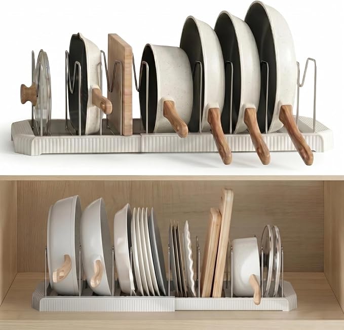 Expandable Pot and Pan Organizer for Under Cabinet, 12.9-22 Inch Adjustable Lid Kitchen Cabinet Organizer Holder with 7 Stainless Dividers, Cabinet Storage Holder for Lids Bakeware Cutting Boards