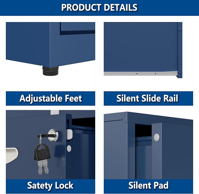 Polup 2 Drawer File Cabinet with Lock, Small Filing Cabinet for Home Office, Metal File Cabinet with Drawers for Under Desk, Blue, Assembly Required