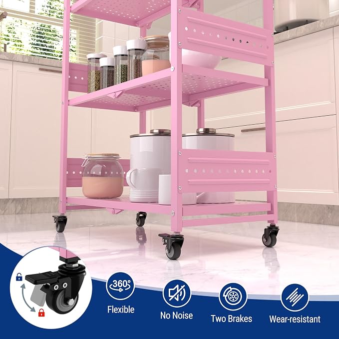 WORKPRO 4-Tier Folding Shelf, No-Assembly Metal Storage Rack with Wheels, 600 lbs Capacity (with Leveling Feet), Collapsible Shelving Unit for Kitchen, Pantry, Closet & Craft Shows - Pink