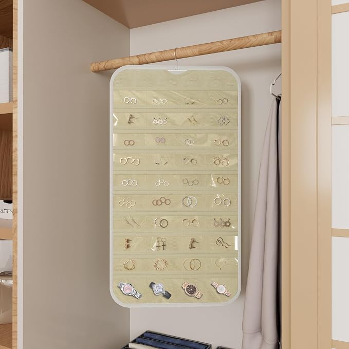 Hanging Jewelry Organizer for Necklaces Earrings, 1-Pack White and Beige | Foldable Double-Sided 36 hooks & 40 clear pockets; swivel hook fits walls, doors & rods for earrings, bracelets, rings