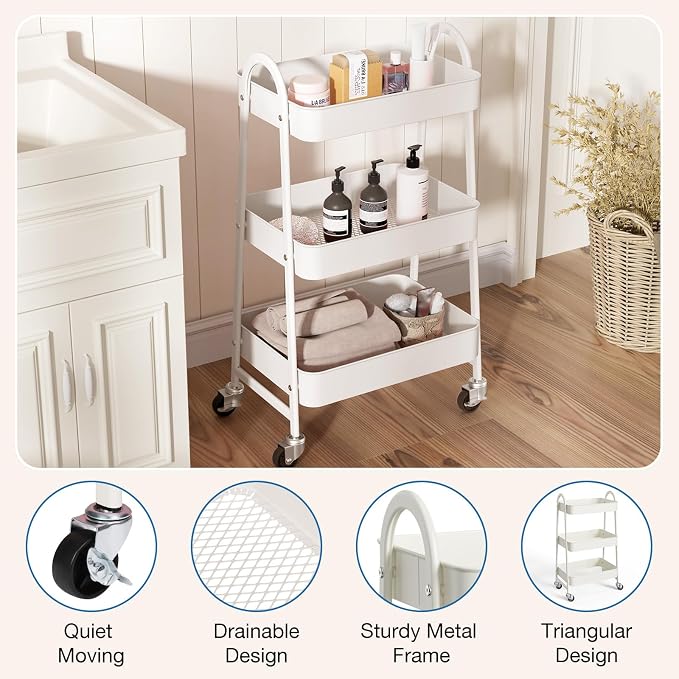 DUMOS 3 Tiers Rolling Cart, Utility Cart, Metal, White | Mobile Storage, Lockable Wheels, Utility Shelving Unit, Kitchen, Bathroom, Laundry, Narrow Places