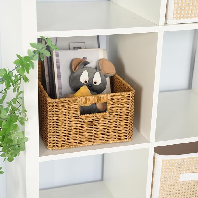 YRMT Rattan Storage Basket Pantry Basket with Built-in Handles Wicker Basket for Organizing Shelves Waterproof Woven Basket Nature (14"x10"x6.3")