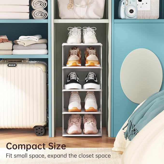 HAIXIN Small Shoe Rack for Closet Grey 5-Tier Shoe Organizer | Compact Size for Tight Spaces, Entryways, Under Bed, Stackable & Expandable, for Smaller Shoes, Easy Assembly, Sturdy Plastic