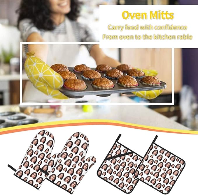 Custom Oven Mitts and Pot Holders Personalized with Your Face, Baking Gifts for Women for Kitchen Cooking, BBQ, Grillin-Style2, 2 Oven Mitts+ 2 Pot Holders