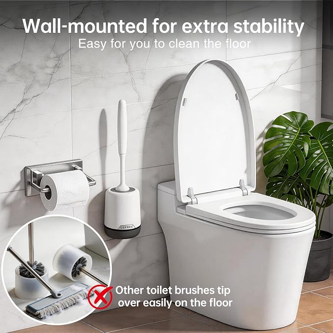 Lefree Silicone Toilet Brush and Holder Set with Ventilated Holder, Floor Standing & Wall Mounted Toilet Scrubber