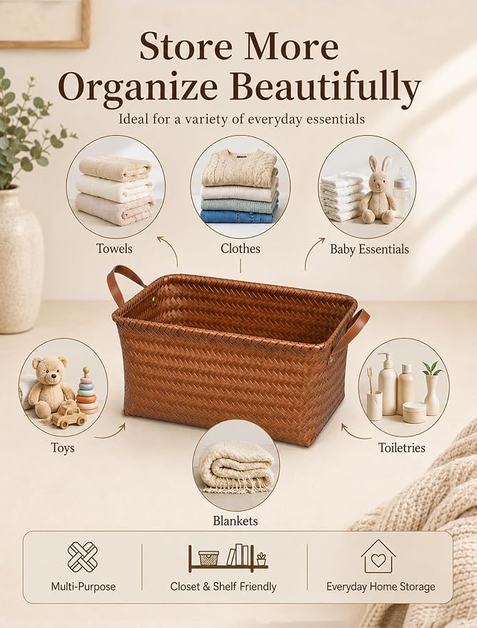 Hand Woven Baskets for Storage, 4Pcs Water-Resistant Wicker Baskets, Brown Wicker Storage Baskets for Shelves, Large Basket with Handle for Organizing, Clothes, Laundry, Blanket - Rectangular