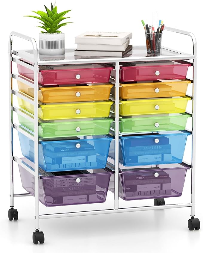 DREAMADE Rolling Cart with Storage Drawers, Utility Cart with Removable Plastic Drawers, Lockable Wheels, Art Cart for Classroom Organization Art Supplies Office Scrapbook (‎12 Drawers, Rainbow)