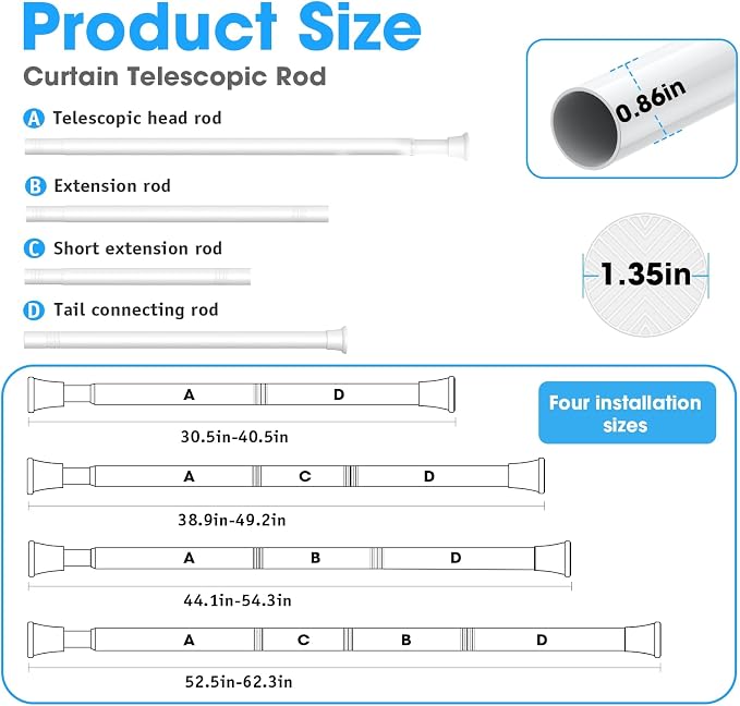 2Pack White Tension Curtain Rods 31 to 62 Inch Small Curtain Rods No Drilling Short Tension Rod Adjustable Spring Curtain Rod for Windows Door Closet Pressure Rod