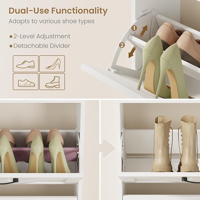 Shoe Cabinet Organizer with 2 Flip Drawers, Farmhouse Narrow Shoe Storage Cabinet with 2 Adjustable Shelves & 2 Hooks, 23.6"W x 8.7"D x 41.8"H Shoe Rack for Entryway, Foyer, Hallway, White
