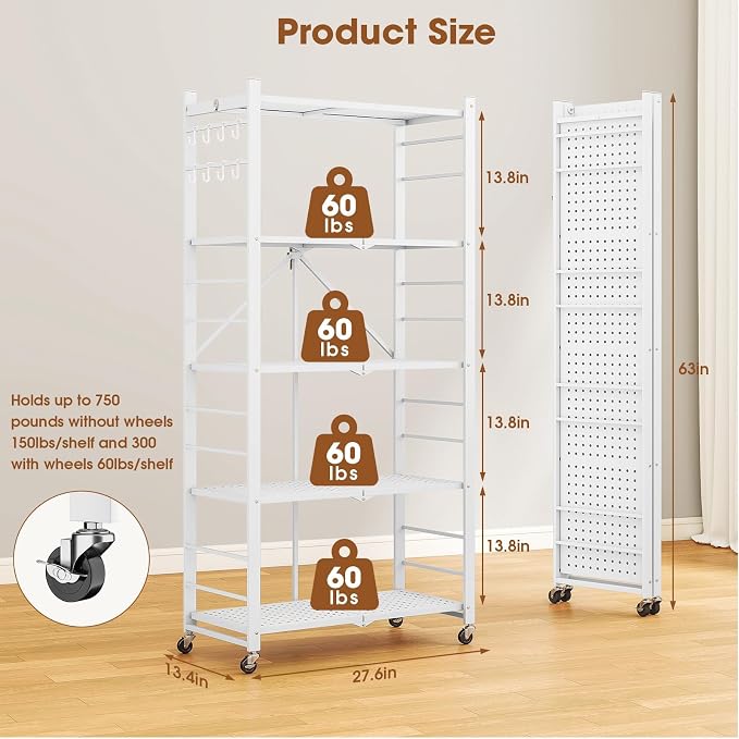 Fenbeli Foldable Shelves with Wheels - 5 Tier Folding Shelf, Collapsible No Assembly Metal Shelving Unit, Origami Storage Shelves & Rolling Storage Rack with 8 Hooks for Kitchen Pantry Garage