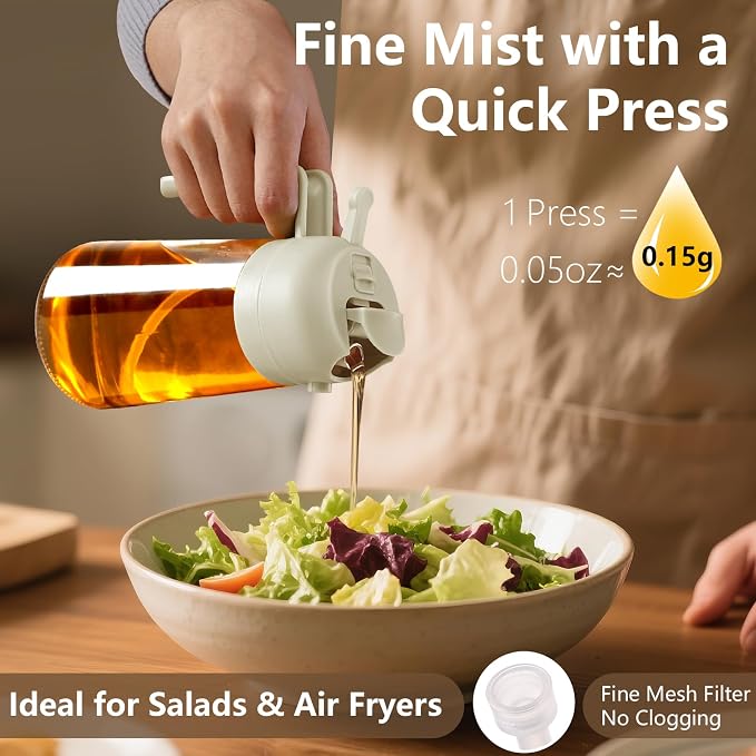 SWEET VIEW 2PCS Oil Sprayer for Cooking 16oz/470ml | Glass Oil Dispenser/Pour Bottle, Kitchen Accessories, Kitchen Gadgets for Air Fryer, Salad, BBQ, with Stickers (Green,White)