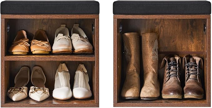 YMYNY Small Shoe Storage Bench with Cushion, Rustic Brown, HBD028H | 2 Tier Entryway Bench with Storage, Small Shoe Rack Bench with Adjustable Shelf for Entryway 11 x 15.3 x 16.5 Inches