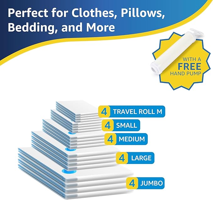 Simple Deluxe 20 Pack Vacuum Storage Bags, Space Saver Bags with Hand Pump, Vacuum Seal Bags for Clothing, Comforters, Blankets, Bedding, Pillows (4 Jumbo/4 Large/4 Medium/4 Small/4 Roll M)