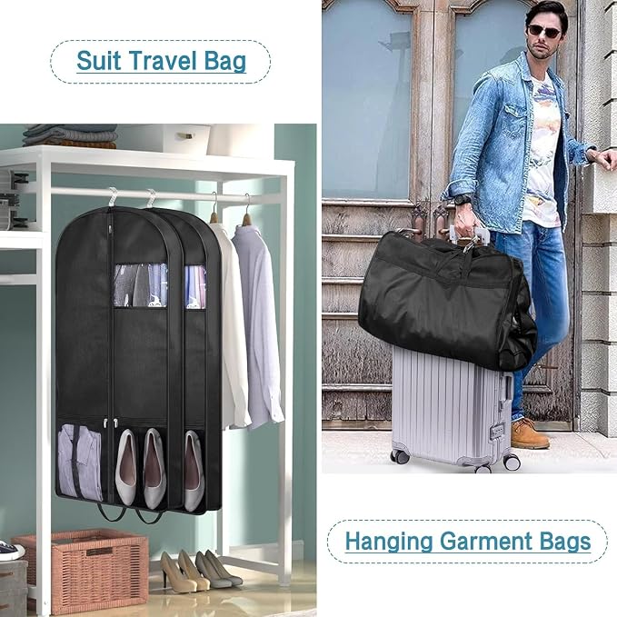 KIMBORA 43" Suit Bags for Closet Storage and Travel, Gusseted Mesh Hanging Garment Bags for Men Suit Cover With Handle for Clothes, Coats, Jackets, Shirts（3 Packs，Black）