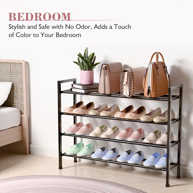 Bumusty 4-Tier Expandable Shoe Rack for Closet, 18“-33” Adjustable Shoe Rack for Small Space, Small Shoe Organizer for Front Door, Sturdy Metal, Light Grey