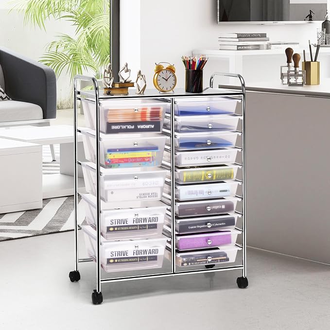 DREAMADE Rolling Cart with 15 Drawers, Clear Plastic Drawer Organizer w/Lockable Wheels, Removable & 2-Sized Storage Drawers, Art Cart for School Home Art Supplies Crafts File Scrapbook (Transparent)