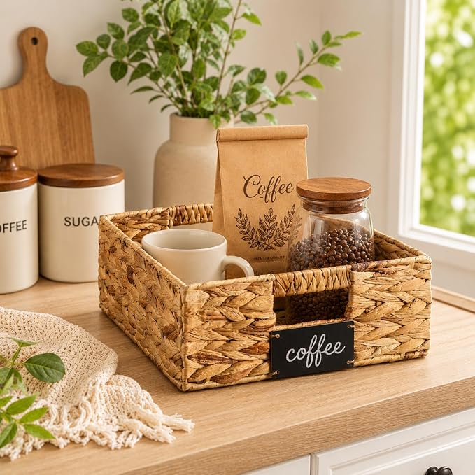 Nitial Wicker Storage Basket, Rectangular Water Hyacinth Storage Basket for Shelving, Foldable Woven Pantry Organizer with Chalkboard Label and Chalk Marker(16 x 12 x 5 Inch,Natural)
