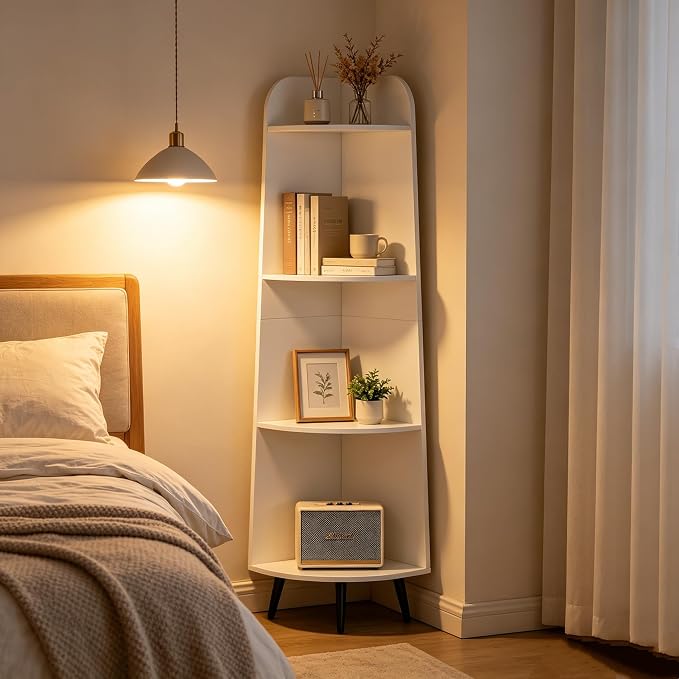 VECELO 4-Tier Curved Corner Shelf, 66.93" Tall Freestanding Corner Bookshelf, Narrow Vertical Corner Display Rack with 17.32" Spacious Open Tiers for Bedroom Living Room Small Spaces, White