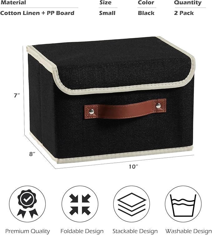 2PCS Storage Boxes with Lid Cotton Linen Fabric Storage Bins Organizer Container Decorative Collapsible Washable Shelf Closet Baskets Faux Leather Handles Home Bedroom (Black, Small Size)