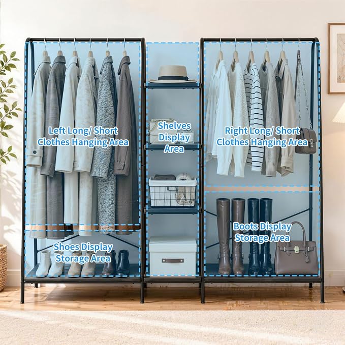 Finnhomy Clothes Rack for Hanging Clothes Freestanding Clothing Rack with 6 Wood Storage Shelves & 2 Rods Heavy Duty Garment Rack Portable Wardrobe Closet Organizer for Bedroom Closet Boutique,Black