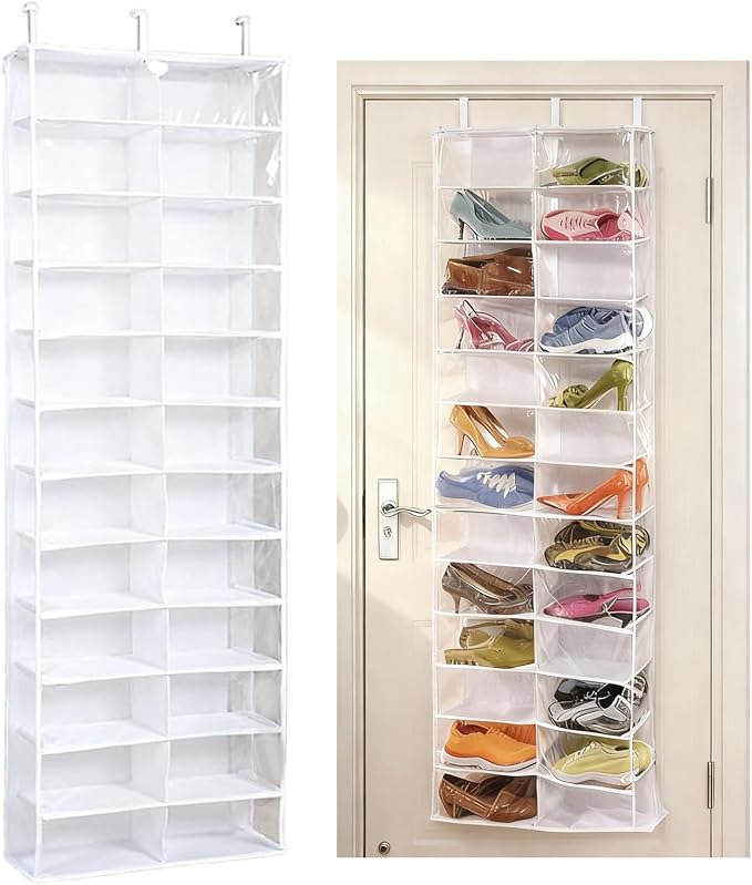 Hoodie Sweatshirt Storage Organizer, Over the Door Sweatshirt Organizer, 26-Pocket Clear Holder, Pockets Wall Shoes Bag, Portable Closet Wardrobe,63"L X 22"W X 6.3"H,Cabinet Behind The Doors (White)