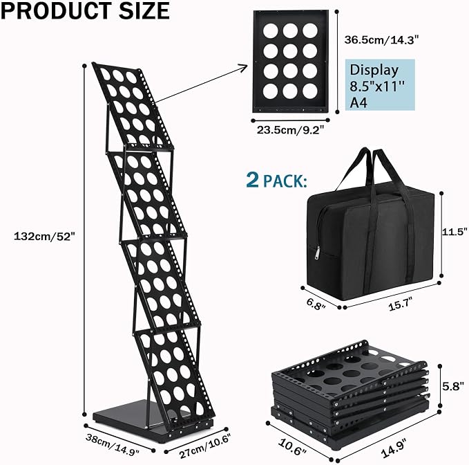 Foldable Brochure Display Stand with Carrying Bag, Literature Stand, 2 Pack | Literature Rack for Trade Shows, Exhibitions, Office, and Retail Stores. Metal, Portable, and Easy to Assemble, Black Finish