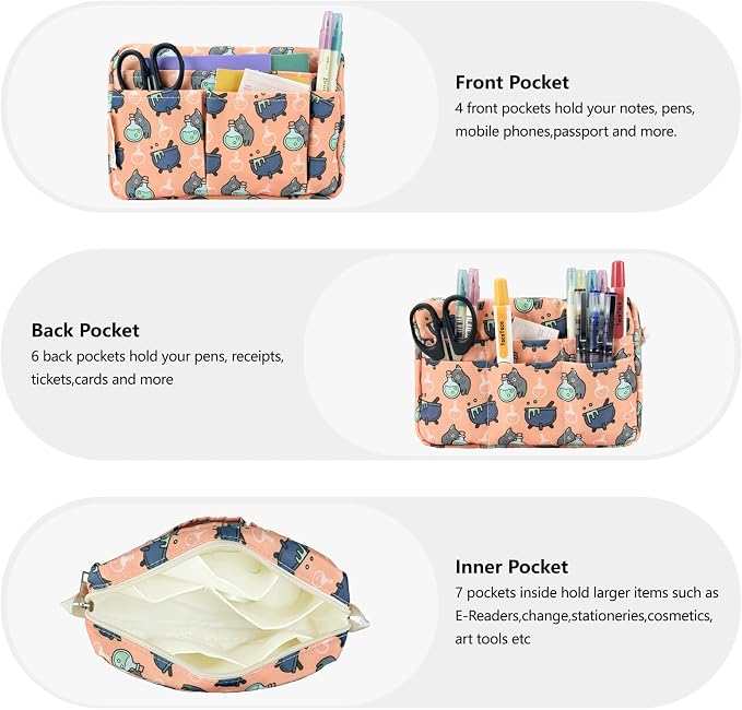 Multiple Pockets Portfolio Organizer with Zippered,Storage Pencil Pouch Bag | Waterproof Travel Toiletry Bag,Portable Pencil Pouch for Notebooks,Stationeries,Make-up,Journal Office Art Supplies,PotionCat