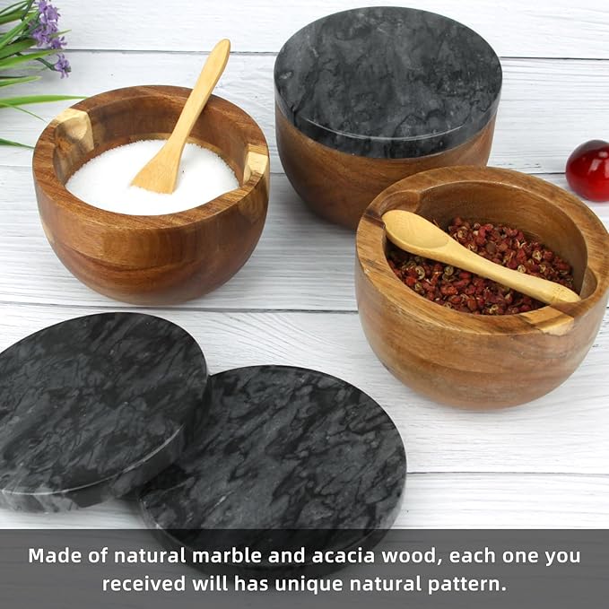 Wooden Salt Cellar Box with Marble Lid & Spoon, Modern Black Stone Salt or Pepper Sugar Spice Seasoning Bowl Container Jar Holder Well Keeper Dish Pig Crock for Kitchen