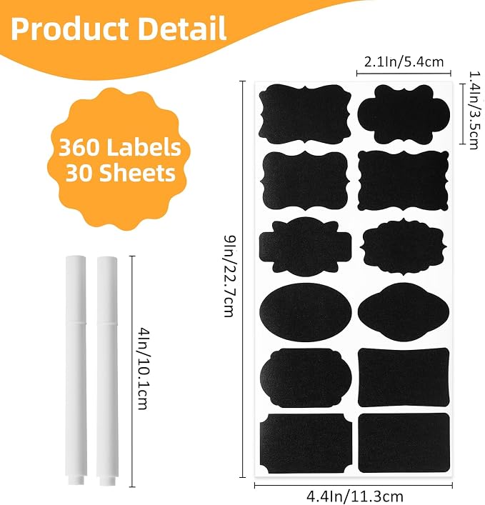 Homrelaxy 360Pcs Chalkboard Labels – 2.1x1.4 Inch Reusable Blackboard Stickers with 2 White Erasable Chalk Markers, 12 Assorted Shapes, for Mason Jars, Food Containers, and Pantry Storage