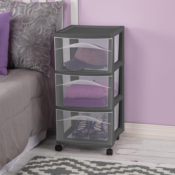 Sterilite 8 Pack 3 Drawer Storage Cart, Rolling Organization, Flat Gray