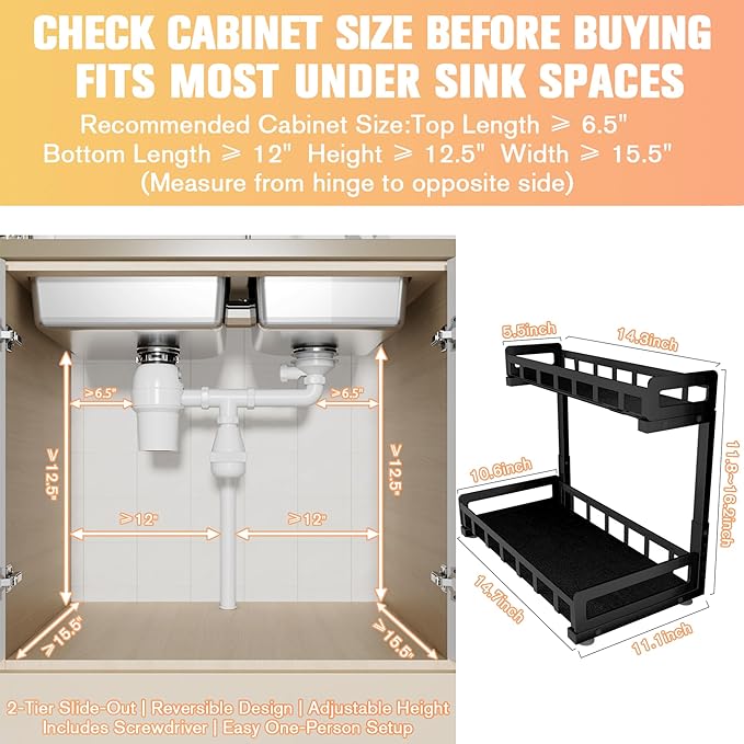 Under Sink Organizer, Metal Large Capacity 2-Tier Sliding Cabinet Storage Rack, Heavy-Duty Rust-Resistant Steel Frame, Holds 50 lbs, Adjustable Height 12–16", 14"D x 11"W for Kitchen & Bathroom, Black