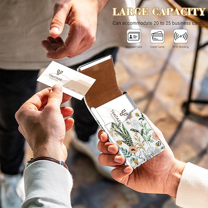 2Pack Leather Stainless Steel Business Card Holder, Metal Slim Business Card Case for Women or Men, Pocket Business Card Carrier with Prints, Magnetic Closure, RFID Blocking