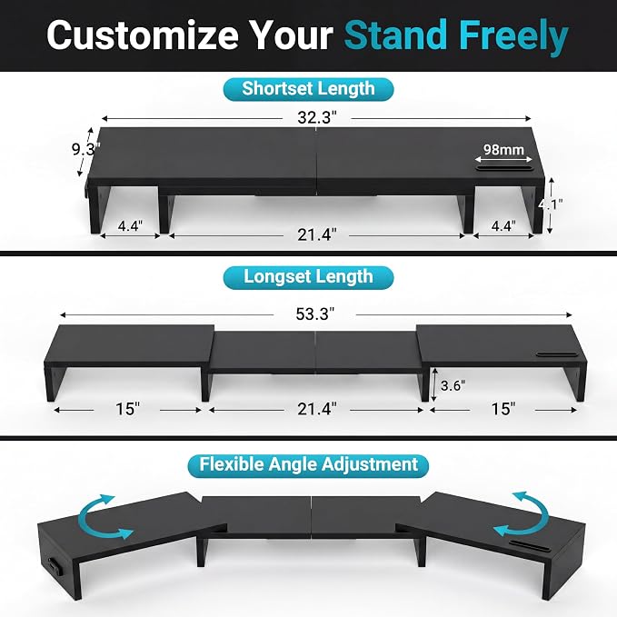 BONTEC Triple Monitor Stand Riser with Smartphone Holder, Adjustable Length & Swivel Angle, Ergonomic Wooden Desktop Organizer for PC Monitor, Laptop, Printer, Large Storage, 53.3 in, Black