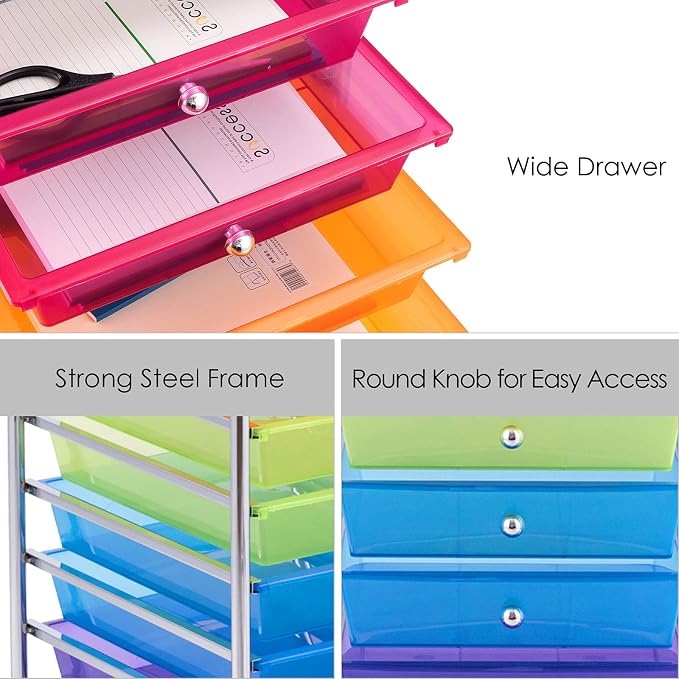 GOFLAME 10-Drawer Rolling Storage Drawer Cart, Utility Cart with Removable Drawers & Metal Frame, Mobile Art Craft Drawer Cart with Lockable Wheels for Home, Office, Studio, School, Rainbow