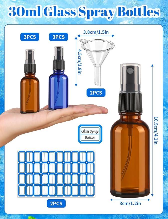10 Pcs Glass Spray Bottles, 30ML/1OZ Amber Brown Blue Empty Fine Mist Small Travel Spray Bottle Refillable with 2 Funnels and 2 Labels